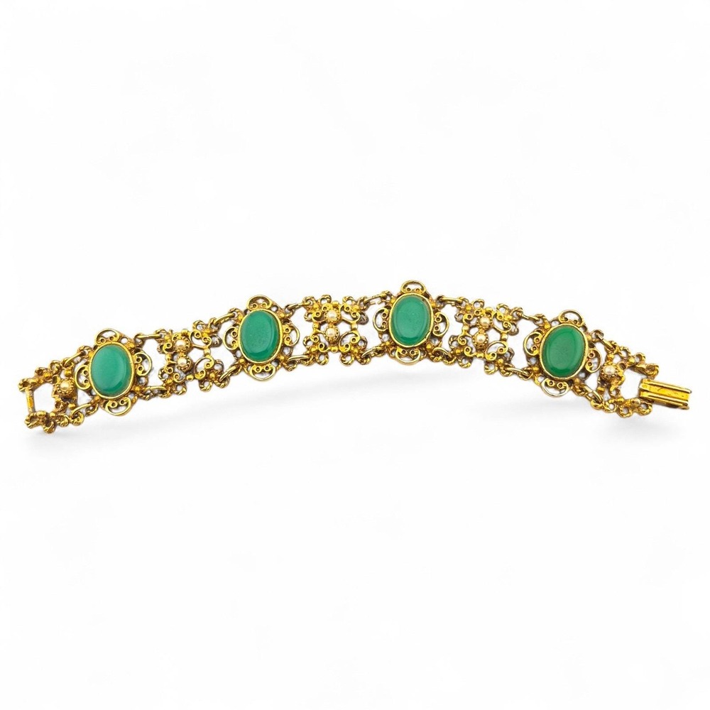 LJM Laurentian Vintage Gold Tone Victorian Revival Green Jade Pearl Bracelet